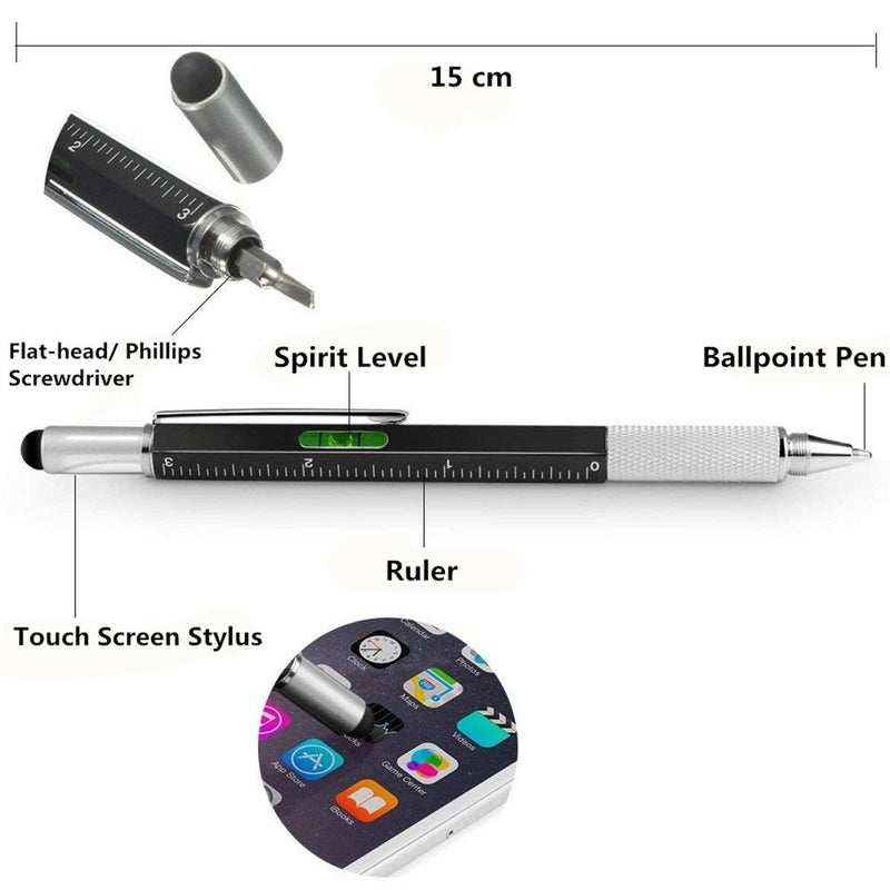 AIYIBEN Multifunction Tech-Tool Pen with Ballpoint Pen, Touch Screen Stylus, Ruler, Spirit Level, Flat-head and Phillips Screwdriver - Ink Refills Included (Black + 2Refills) - Image 2